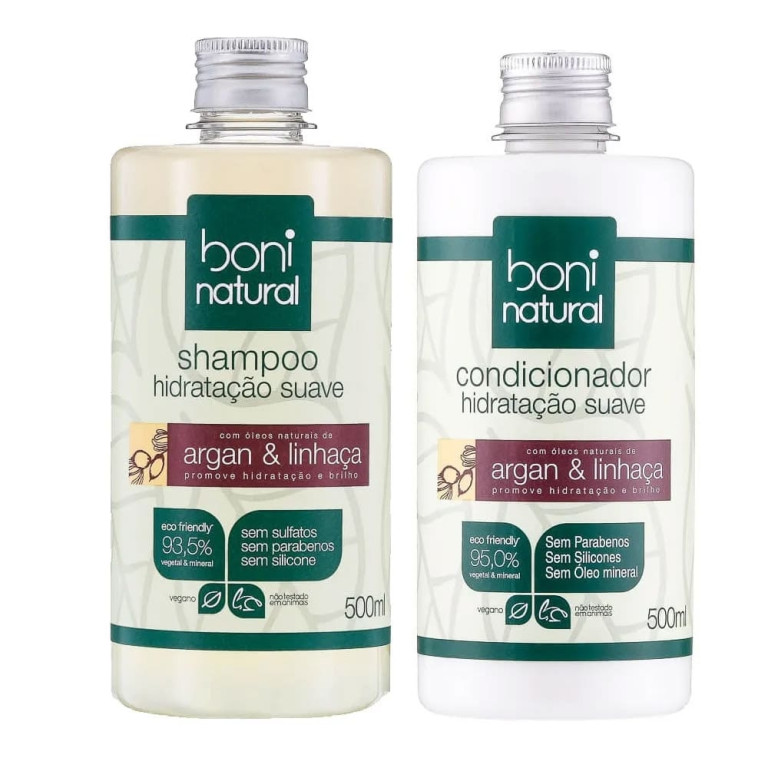 Kit Shampoo + Condicionador Vegano Natural Boni Natural Hidratação Suave Argan e Linhaça