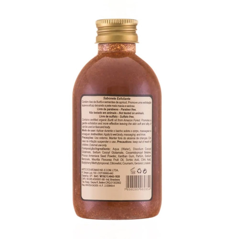 Sabonete Líquido Esfoliante Vegano Natural Arte dos Aromas Buriti 250ml